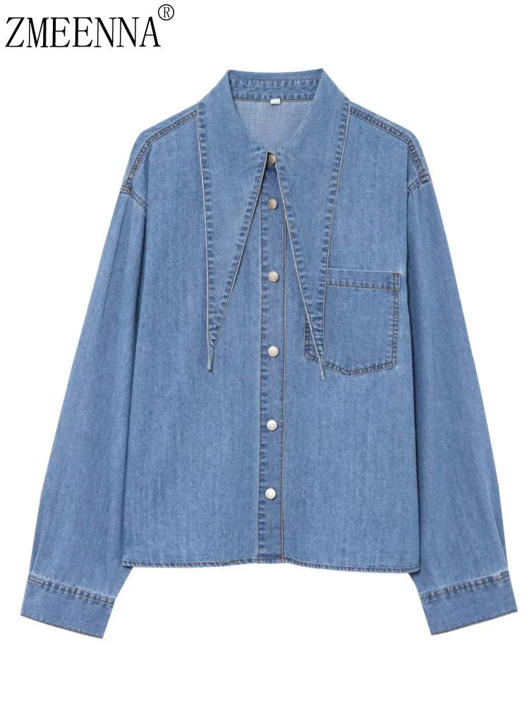 MEENNA Trendy Denim Shirt – Long-Sleeve Button-Up Jean Blouse with Unique Collar Detail, Stylish Design ZM874