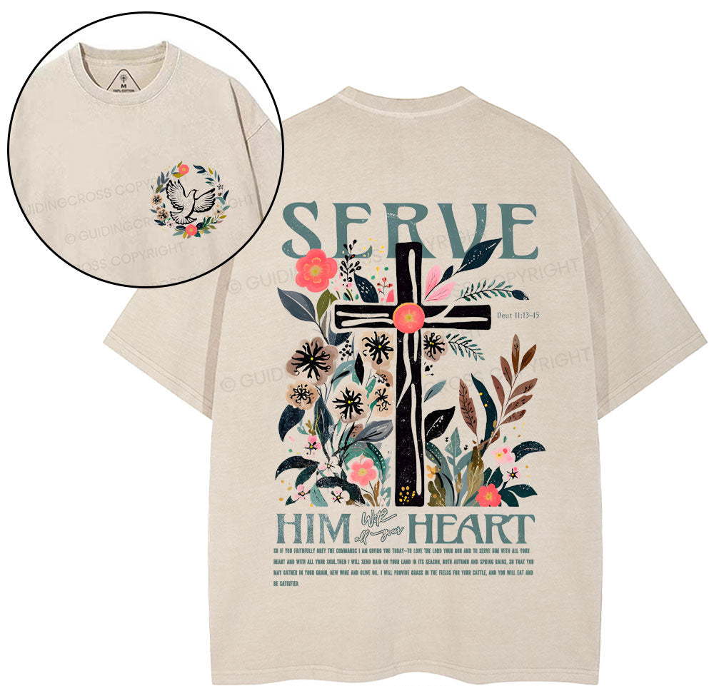 Serve Him Heart Christian Washed TShirt  