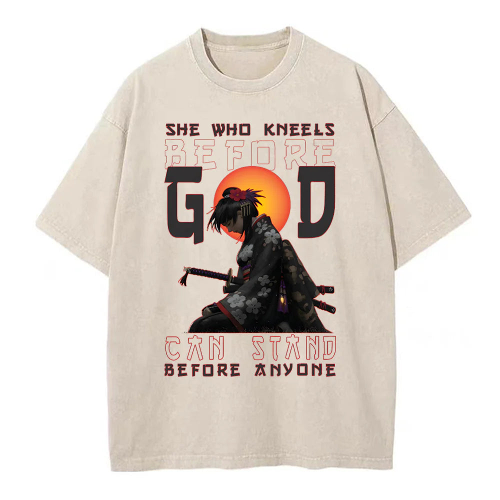 She Who Kneels Before God Christian Washed T-Shirt Sale - GuidingCross
