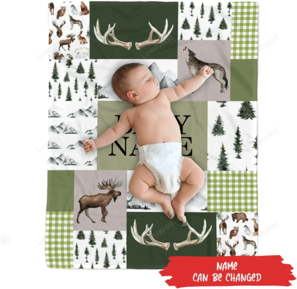 Personalized Woodland Nursery Blanket, Baby Boy Woodland Blanket,Deer Baby Blankets for Boys,Woodland Theme Blanket, - Image 4