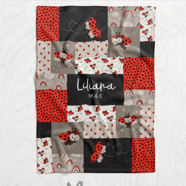 Personalized Ladybug, Cute Baby Name Blanket - Girl’s Red Lady Bug Nursery Theme Blanket