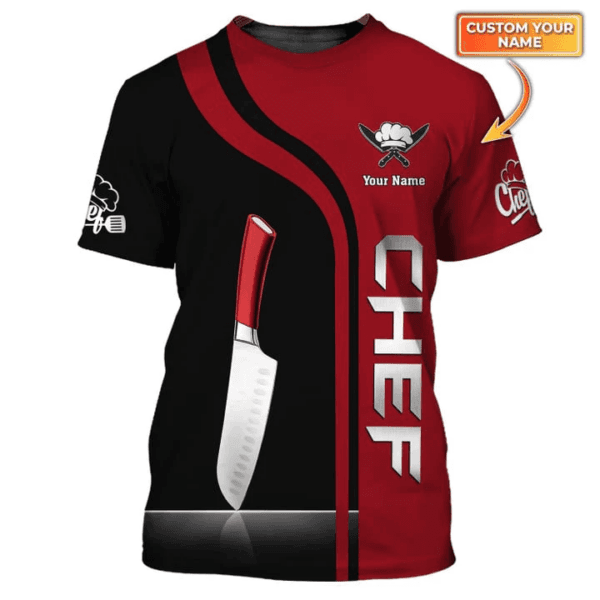 Red Chef Knife 3D Tee Shirt, Custom Chef Tshirt Black & Red