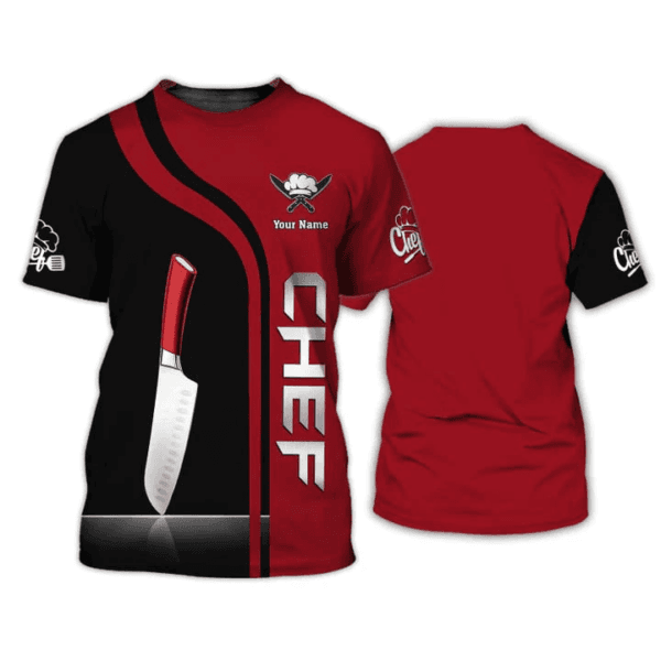 Red Chef Knife 3D Tee Shirt, Custom Chef Tshirt Black & Red - Image 2