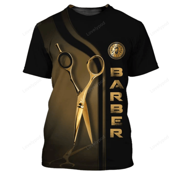 Golden Haircut & Shaves Barber Shop Tee Shirt, Custom Barber Uniform Black & Golden