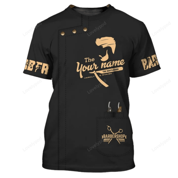 Golden Haircut & Shaves Barber Shop Tee Shirt, Custom name Barber Uniform Black & Golden