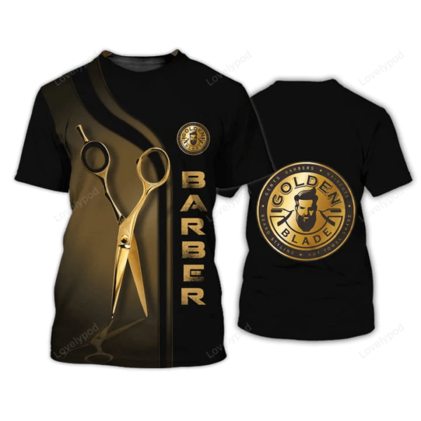 Golden Haircut & Shaves Barber Shop Tee Shirt, Custom Barber Uniform Black & Golden - Image 2