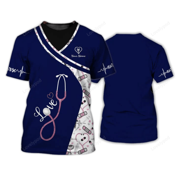 Navy Pattern Custom Nurse Uniform, Nursing Tools 3D Shirts, Nurse Tshirt, Gift for Nurse - Image 2