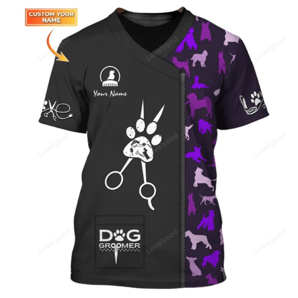 Dog Groomer Pesonalized Tee Shirt Grooming Uniform Dog Pattern T-Shirt Purple