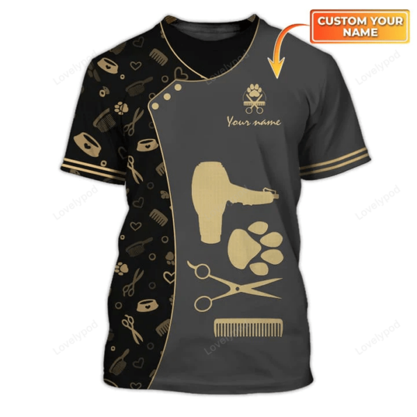 Dog Groomer T-shirt, Dog Grooming Black & Yellow Tee Shirt Pet Grooming Salon Uniform