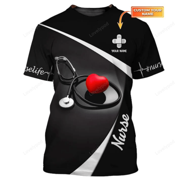 Nurse Heart 3D Tee Shirt, Nursing Custom black Tshirt, Personalized Gift for Nurse