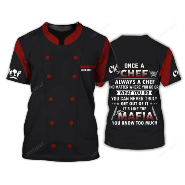 Mafia Chef Personalized Tee Shirt, Chef Apparel, Chef Wear Cook Shirts, Chef Uniform Black & Red