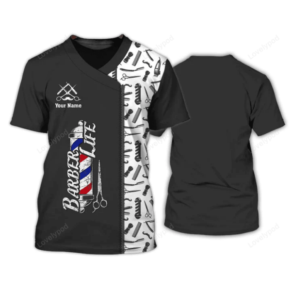 Barber Life Tee Shirt, Barber Pattern Tshirt B&W Custom Barber Uniform - Image 2