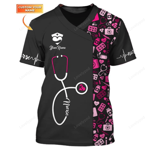 Nursing Tools Pattern Shirts Medical Scrubs Clothing, Custom Nurse Tshirt Black Pink