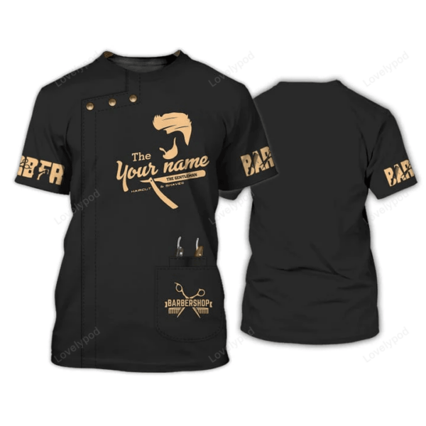 Golden Haircut & Shaves Barber Shop Tee Shirt, Custom name Barber Uniform Black & Golden - Image 2