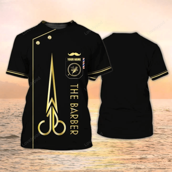 Barber 3D T-shirt, Custom name Barber Shirt Barber Shop Uniform Black & Gold