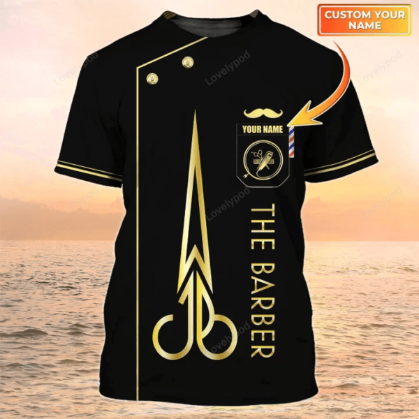 Barber 3D T-shirt, Custom name Barber Shirt Barber Shop Uniform Black & Gold - Image 2