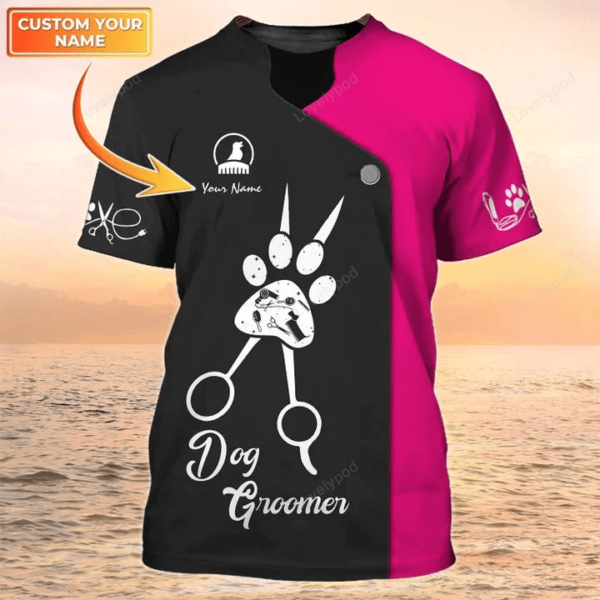 Personalized Dog Groomer T Shirt, Grooming Uniform Pet Salon Shirt Black Pink