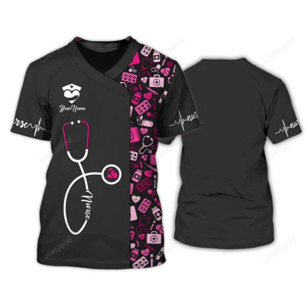 Nursing Tools Pattern Shirts Medical Scrubs Clothing Custom Nurse Tshirt Black Pink - Image 2