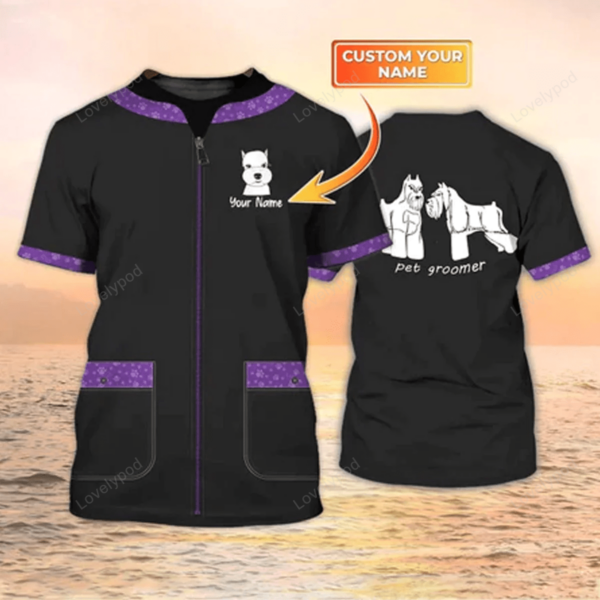 Pet Groomer 3D T-shirt, Grooming Custom Shirts Pet Salon Uniform Black & Purple