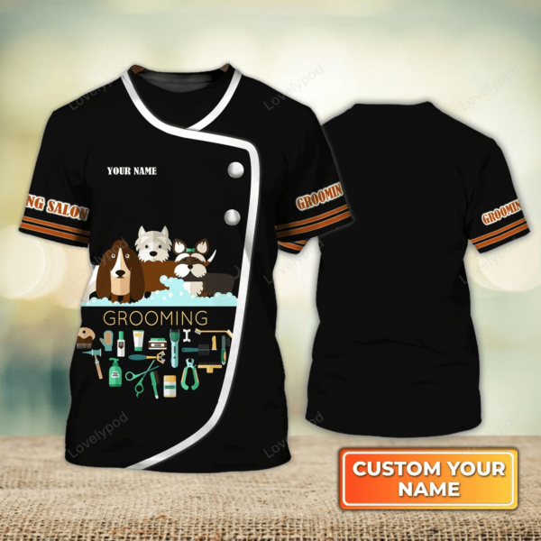 Grooming Salon Personalized Name 3D Tshirt Dog Groomer Uniform Black