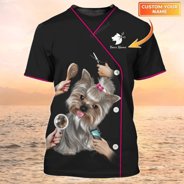 Dog Groomer Custom name 3D Tshirt, Grooming Salon Uniform Black shirt - Image 2