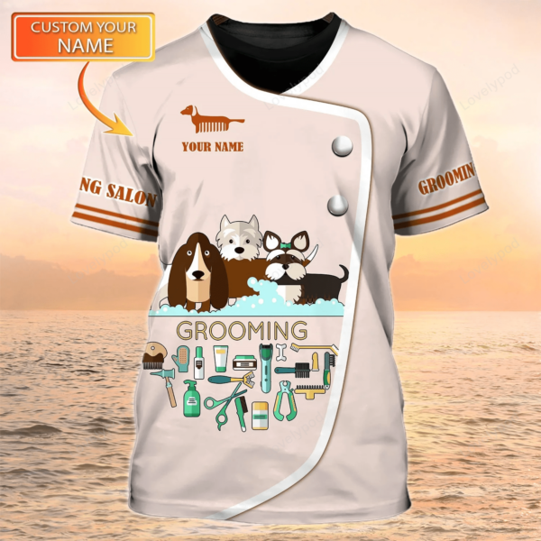 Grooming Salon Personalized Name 3D Tshirt Dog Groomer Uniform - Image 2