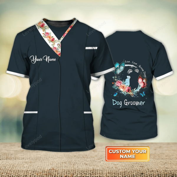 Flower Dog Groomer Pet Groomer Uniform Black Salon Pet Personalized Name 3D Tshirt