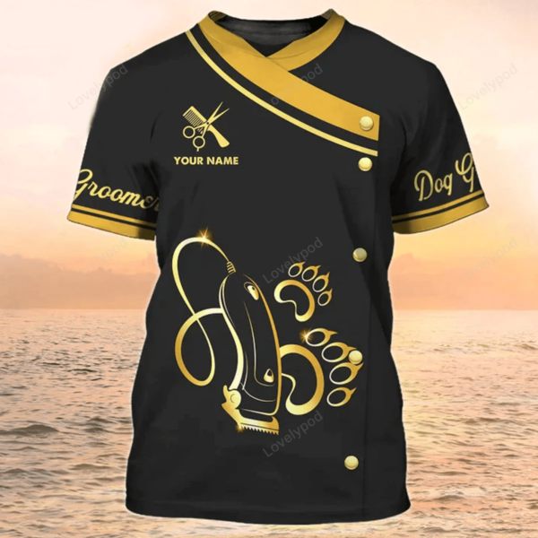 Dog Groomer Apparel, Dog Grooming Custom 3D T Shirt, Grooming Uniform Black & Gold