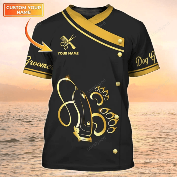 Dog Groomer Apparel, Dog Grooming Custom 3D T Shirt, Grooming Uniform Black & Gold - Image 2