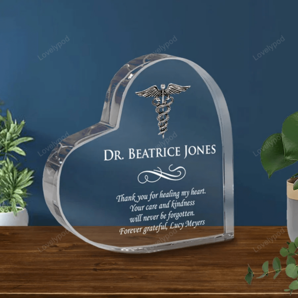 Healing Heart Doctor Keepsake Crystal Plaque with Silver Caduceus, Thank you gift for Doctors, Personalized Plaque Gift for Doctor and Nurse