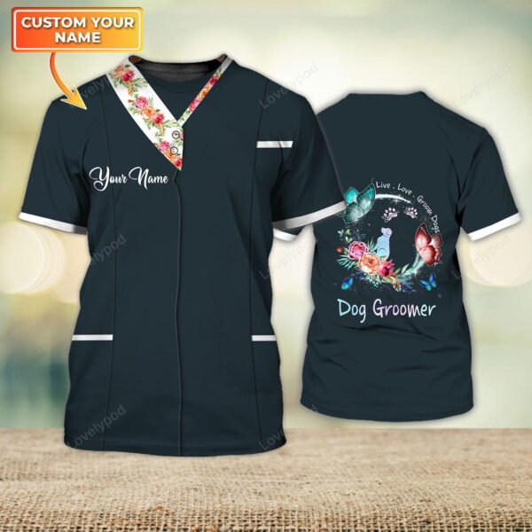 Flower Bather Groomer Dog Groomer Cat Groomer Pet Groomer Uniform Black Salon Pet Groomer Personalized Name 3D Tshirt