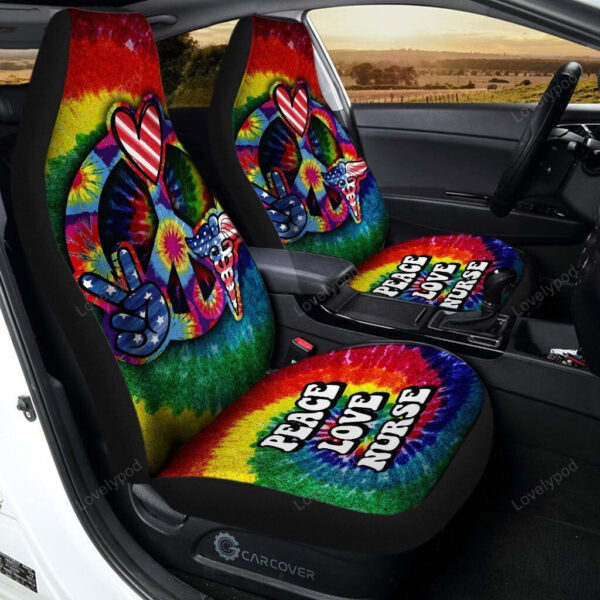 Hippie Tie Dye Car Seat Covers Custom Peace Love Nurse US Flag Car Accessories Beautiful For Nurse - Image 2